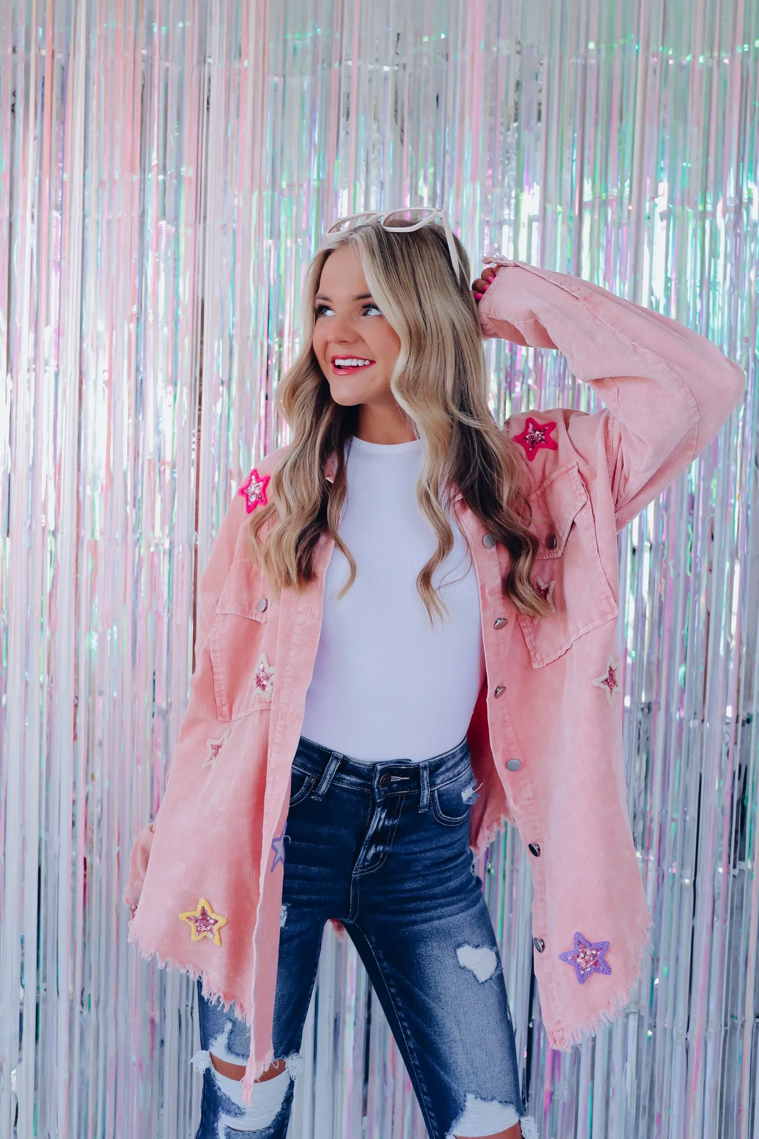 Carolina Sequin Star Patch Corduroy Shacket - Peach