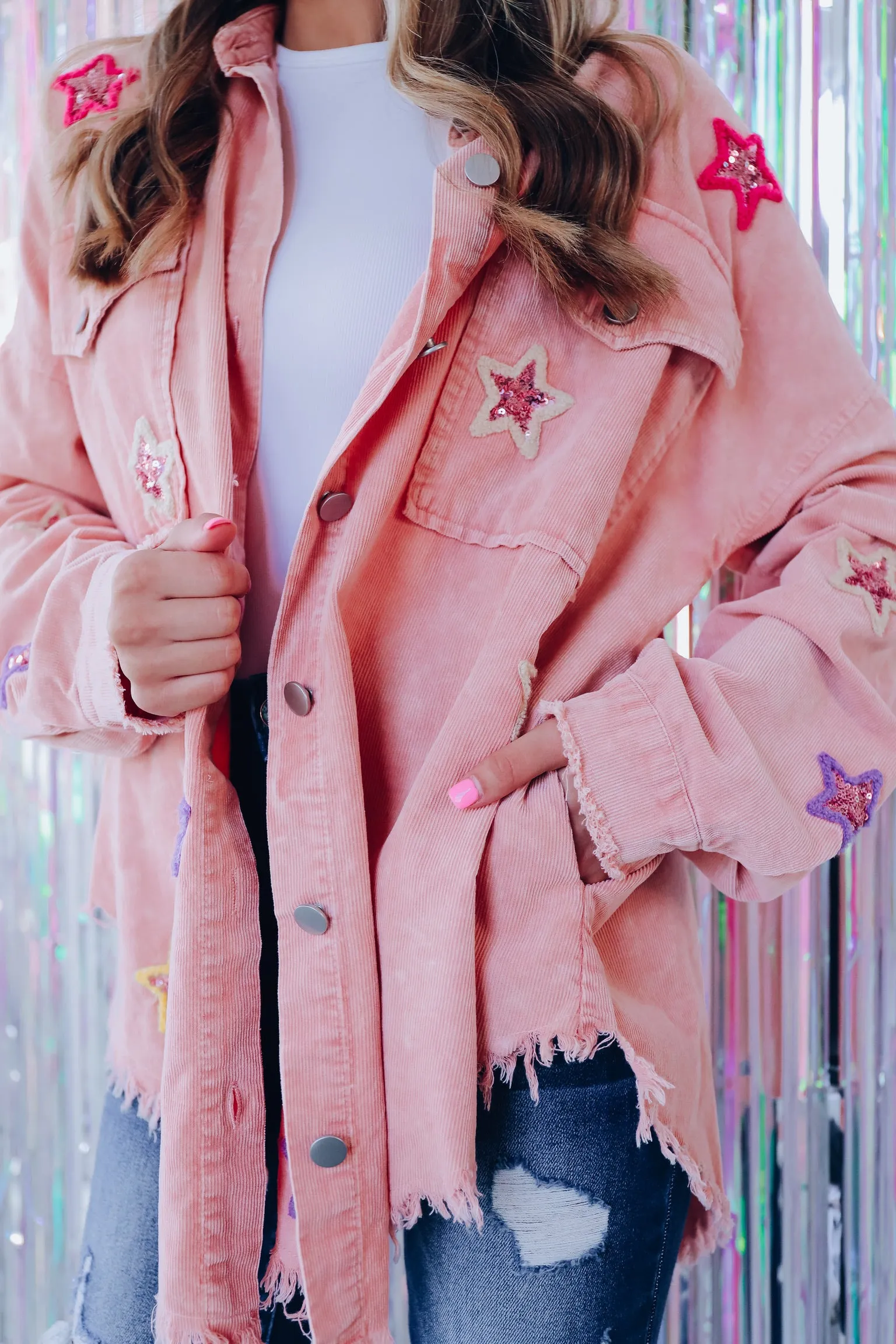 Carolina Sequin Star Patch Corduroy Shacket - Peach