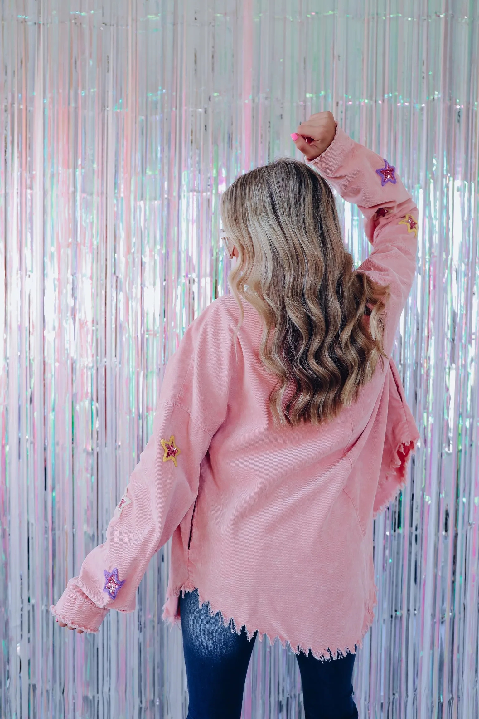 Carolina Sequin Star Patch Corduroy Shacket - Peach