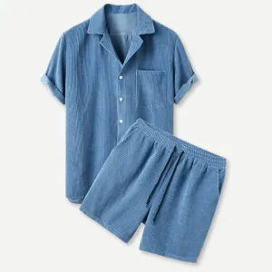 Casual Corduroy Button-Up Shirt and Shorts Ensemble with Pocket