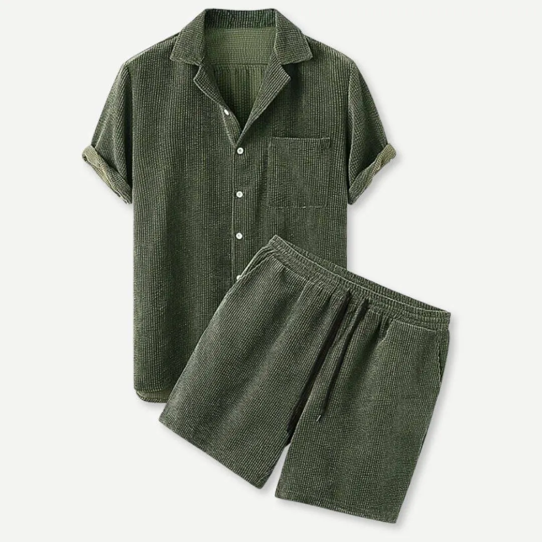 Casual Corduroy Button-Up Shirt and Shorts Ensemble with Pocket