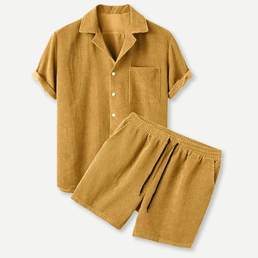 Casual Corduroy Button-Up Shirt and Shorts Ensemble with Pocket