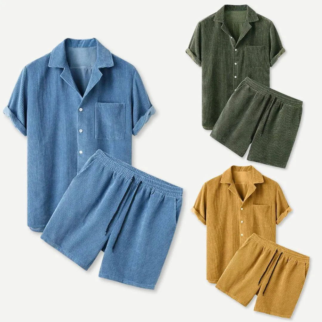 Casual Corduroy Button-Up Shirt and Shorts Ensemble with Pocket