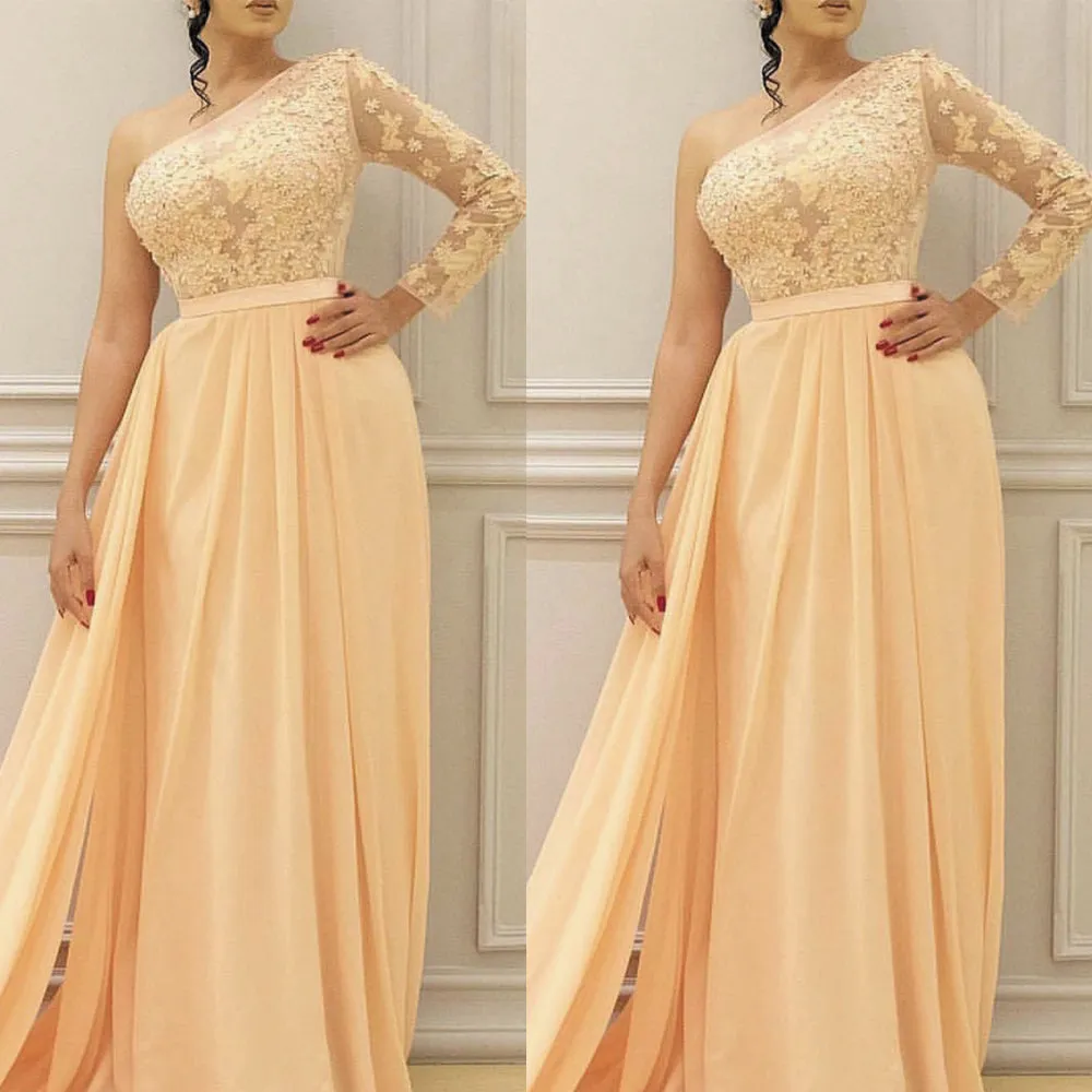 champagne prom dresses long lace appliqué chiffon one shoulder prom gowns vestido de festa de Longo