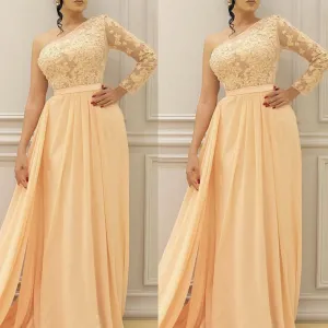 champagne prom dresses long lace appliqué chiffon one shoulder prom gowns vestido de festa de Longo