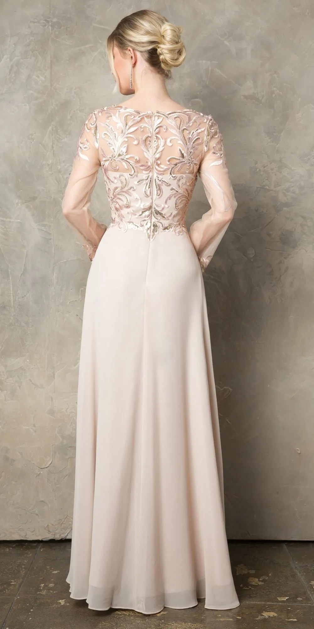 CLEARANCE - Juno 960 Long A-Line Mother of the Bride Chiffon Long Sleeve Dress (Size XL)