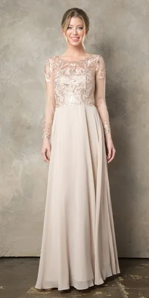 CLEARANCE - Juno 960 Long A-Line Mother of the Bride Chiffon Long Sleeve Dress (Size XL)