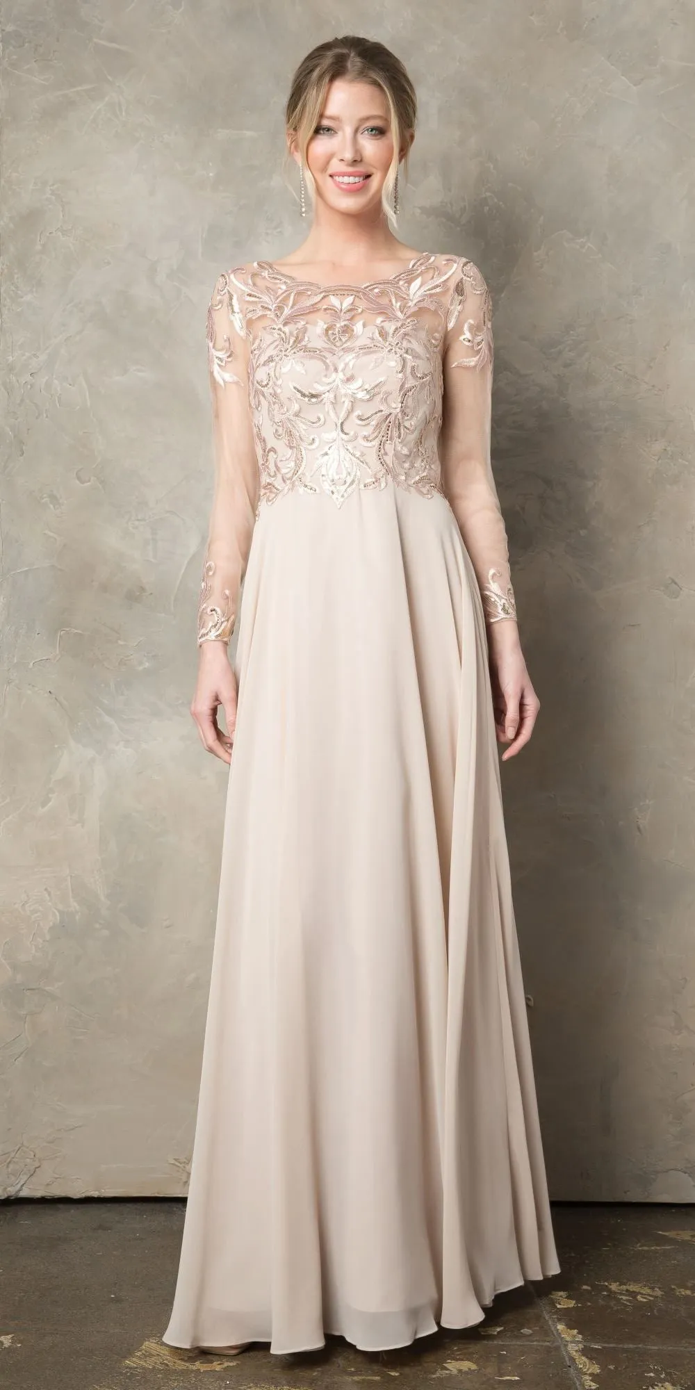 CLEARANCE - Juno 960 Long A-Line Mother of the Bride Chiffon Long Sleeve Dress (Size XL)