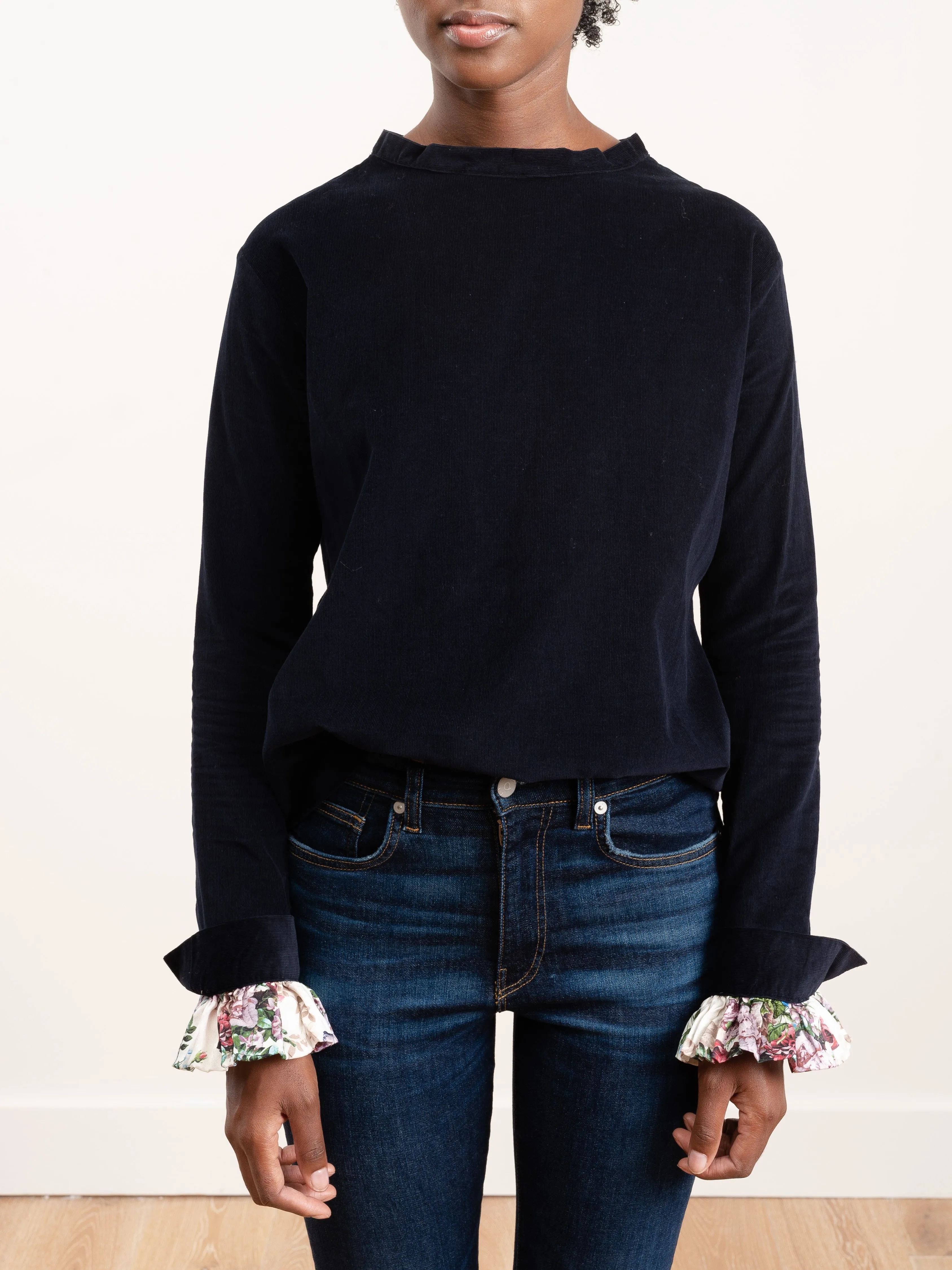 corduroy shirt with ruffle sleeve