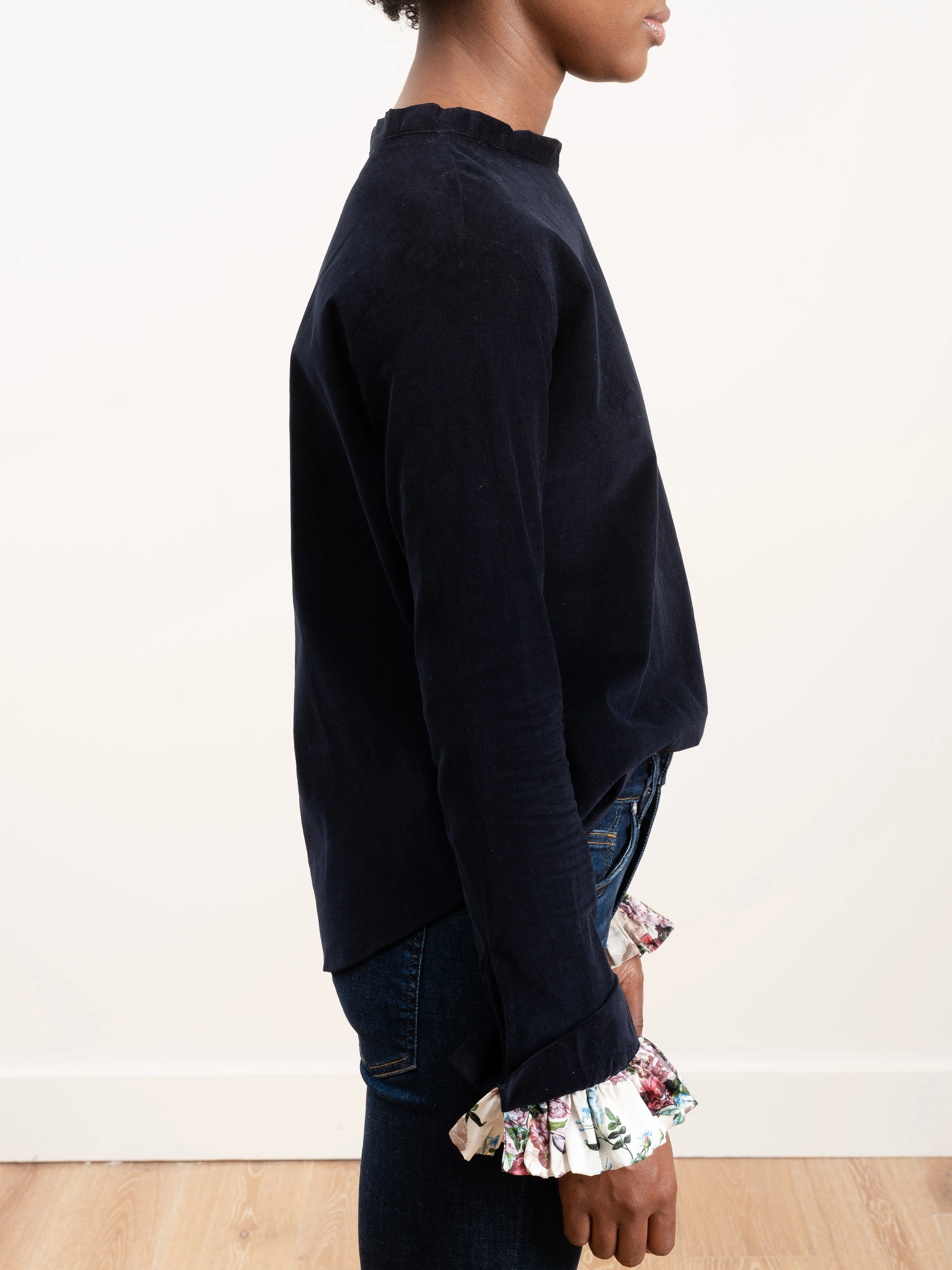 corduroy shirt with ruffle sleeve