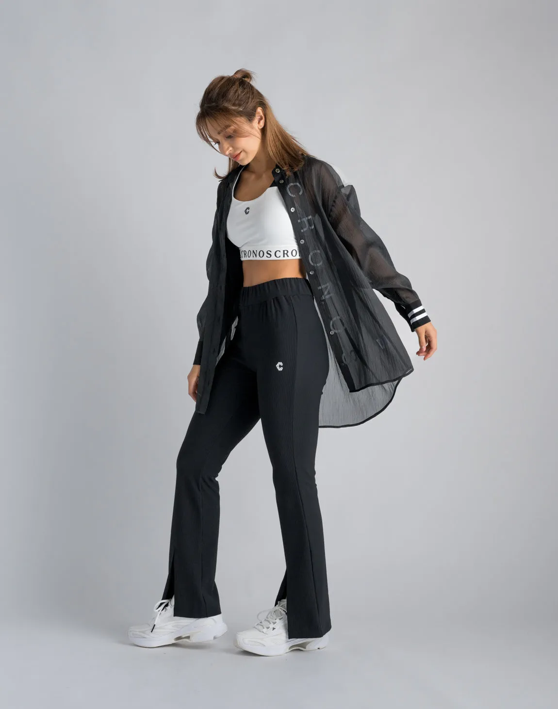 CRONOS WOMEN RIB HIGH RISE SLIT PANTS【BLACK】