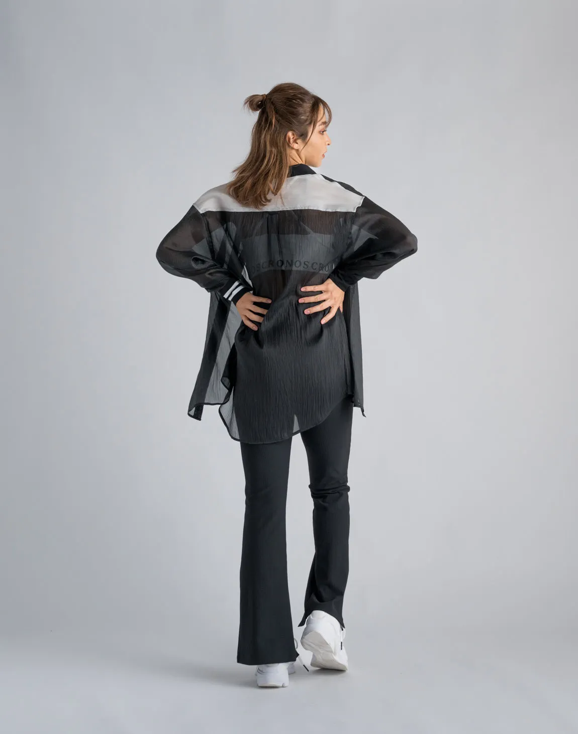 CRONOS WOMEN RIB HIGH RISE SLIT PANTS【BLACK】