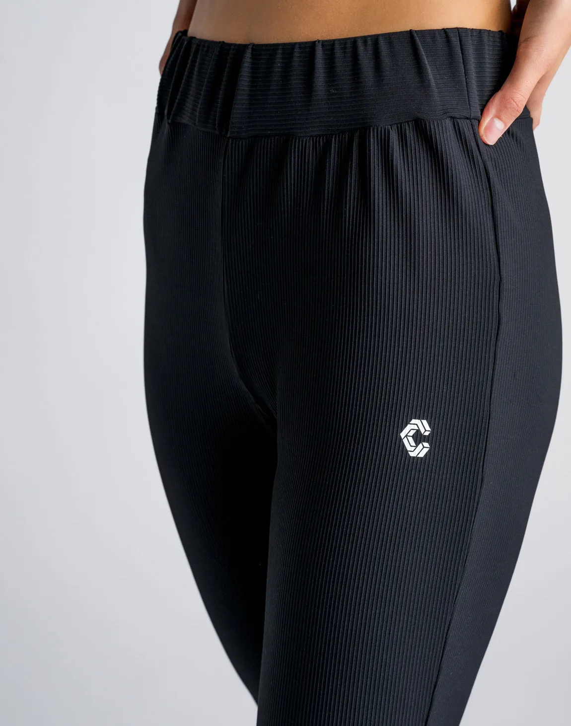 CRONOS WOMEN RIB HIGH RISE SLIT PANTS【BLACK】