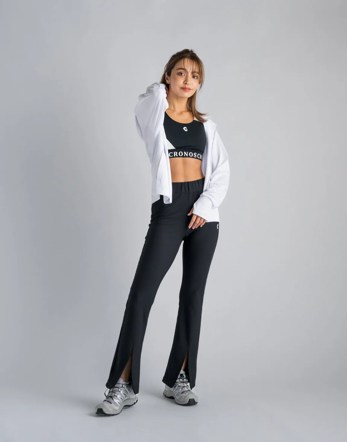 CRONOS WOMEN RIB HIGH RISE SLIT PANTS【BLACK】