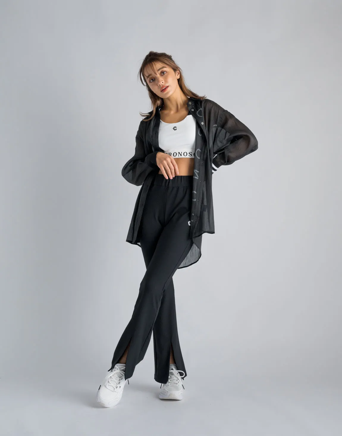 CRONOS WOMEN RIB HIGH RISE SLIT PANTS【BLACK】