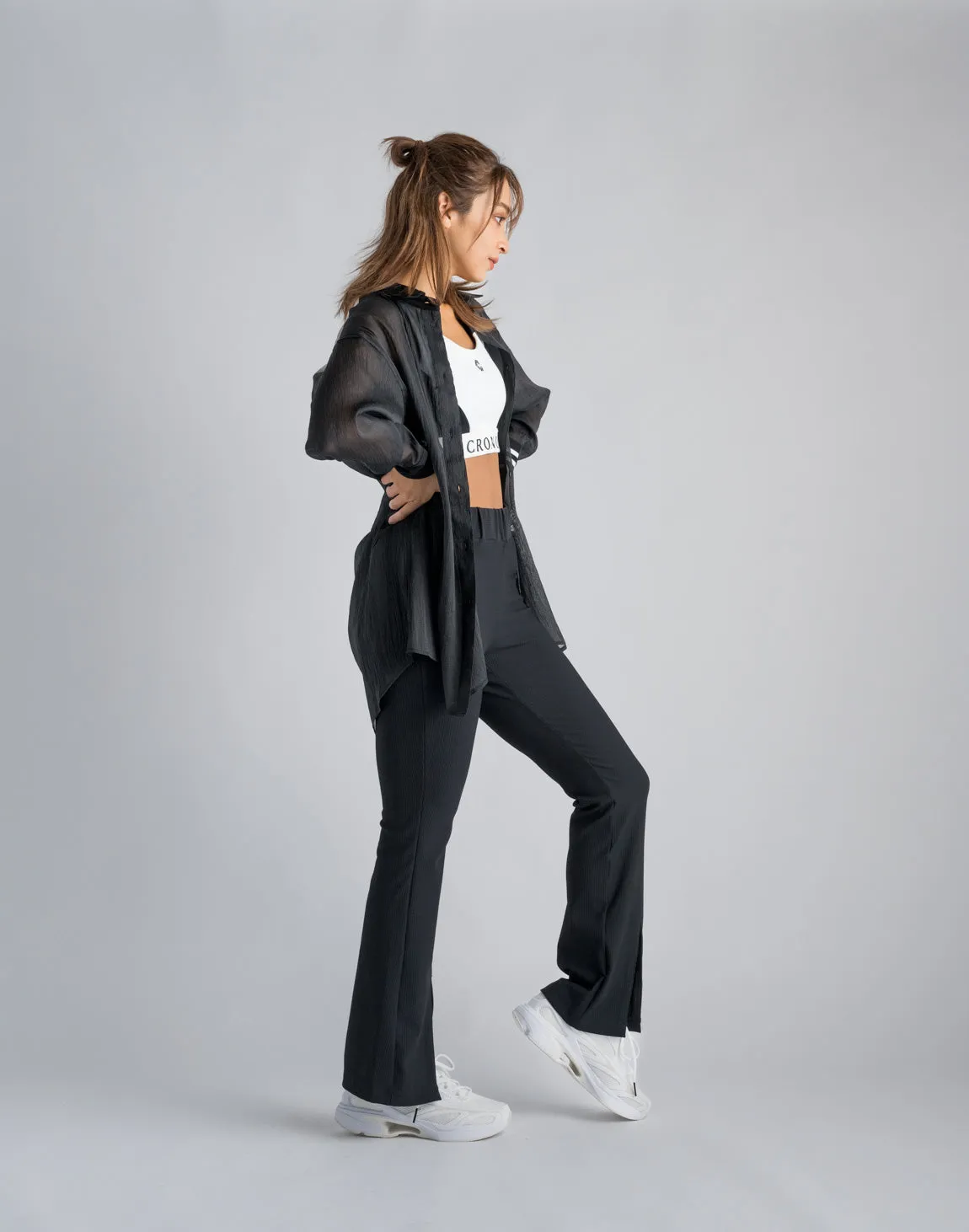 CRONOS WOMEN RIB HIGH RISE SLIT PANTS【BLACK】
