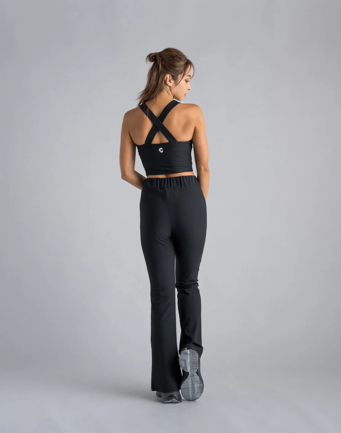 CRONOS WOMEN RIB HIGH RISE SLIT PANTS【BLACK】