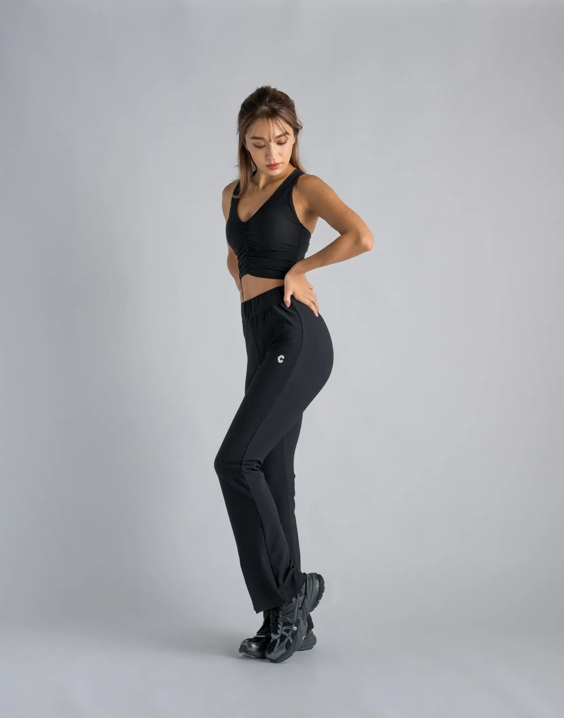CRONOS WOMEN RIB HIGH RISE SLIT PANTS【BLACK】