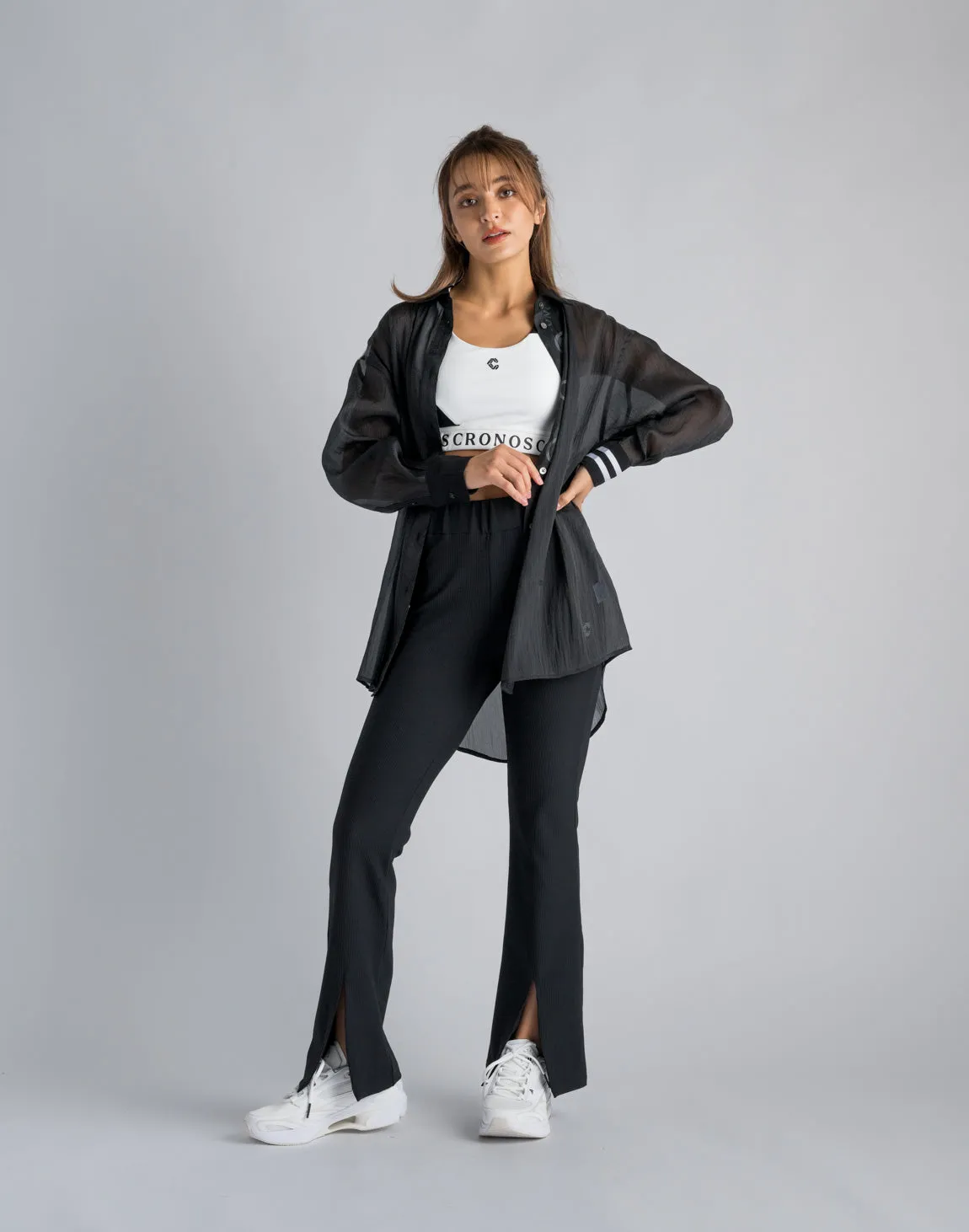 CRONOS WOMEN RIB HIGH RISE SLIT PANTS【BLACK】