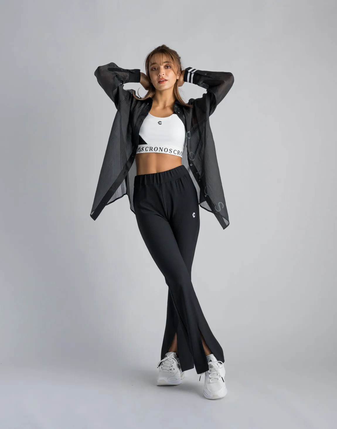 CRONOS WOMEN RIB HIGH RISE SLIT PANTS【BLACK】