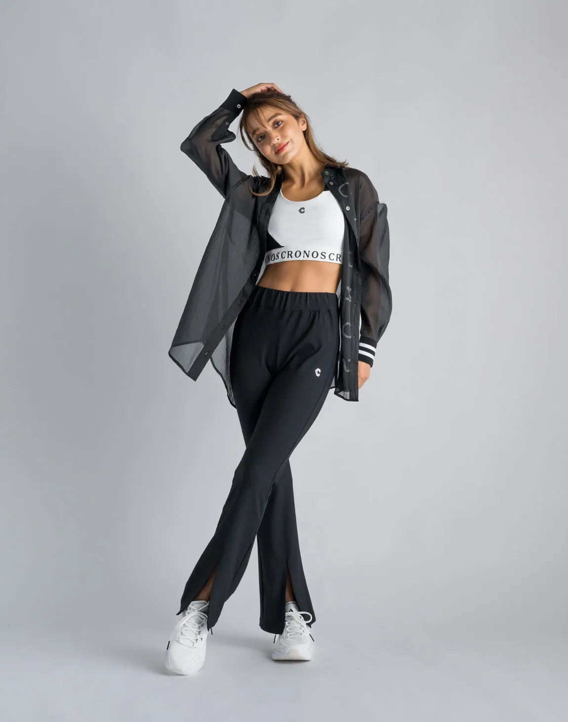 CRONOS WOMEN RIB HIGH RISE SLIT PANTS【BLACK】