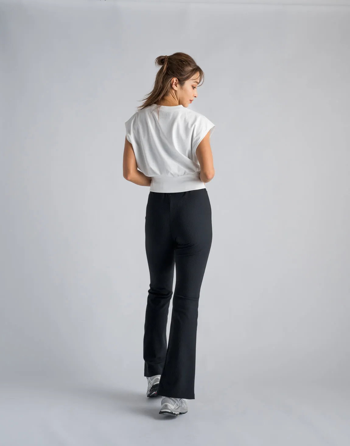 CRONOS WOMEN RIB HIGH RISE SLIT PANTS【BLACK】
