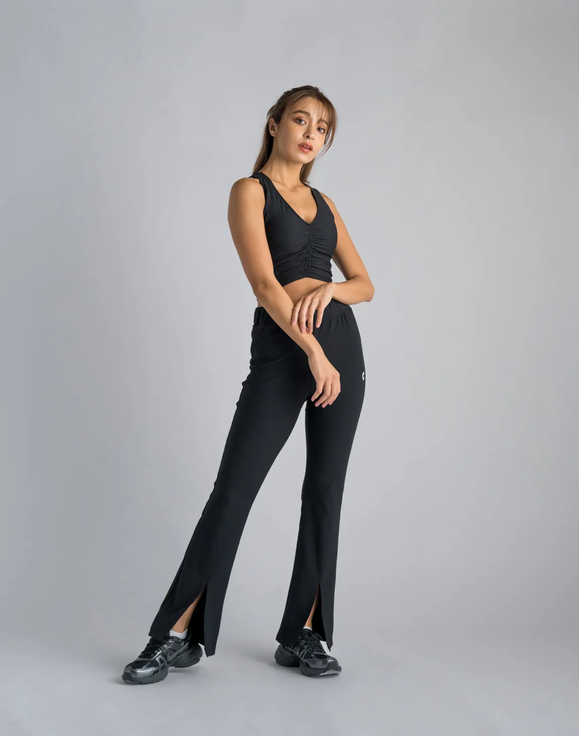 CRONOS WOMEN RIB HIGH RISE SLIT PANTS【BLACK】