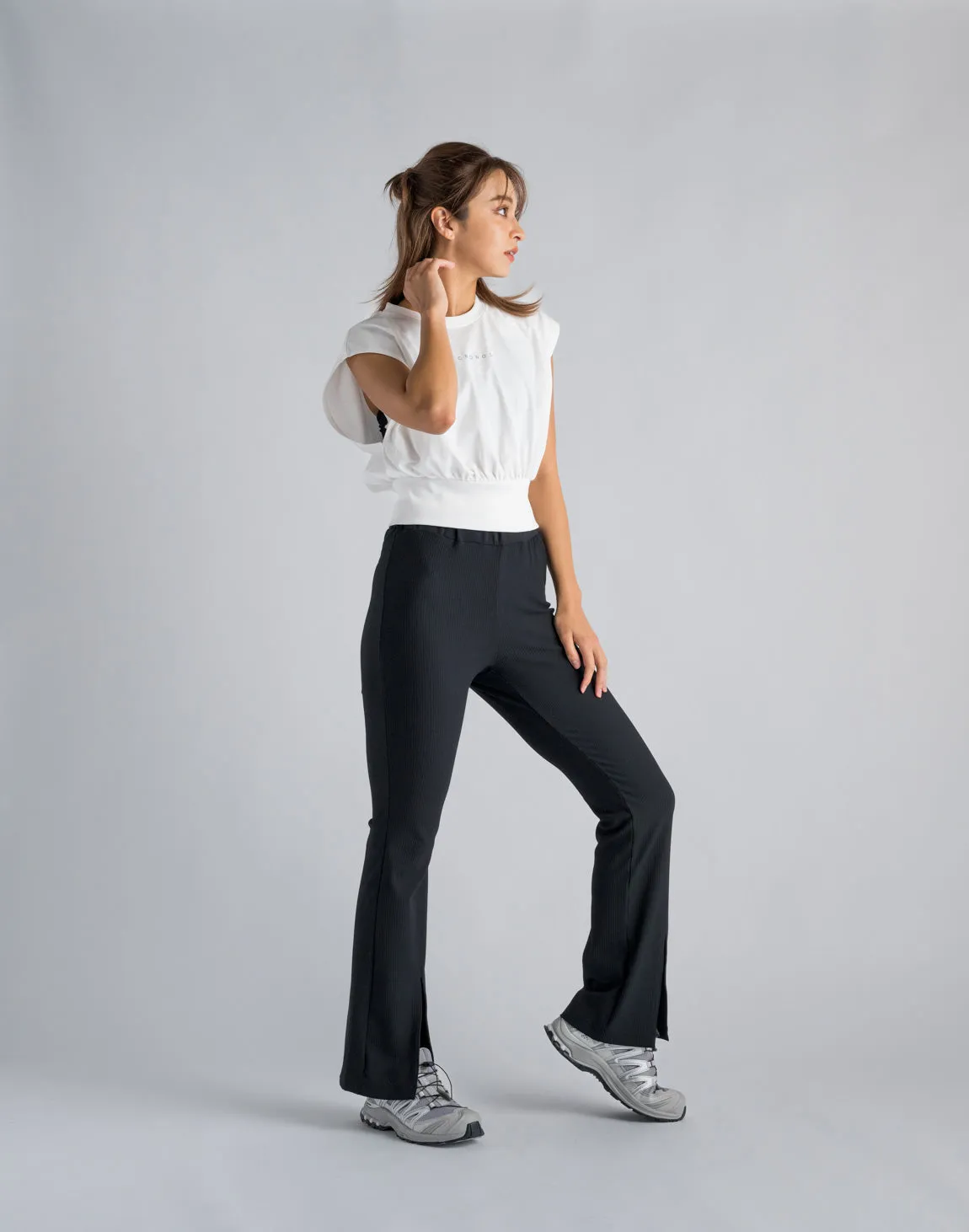 CRONOS WOMEN RIB HIGH RISE SLIT PANTS【BLACK】