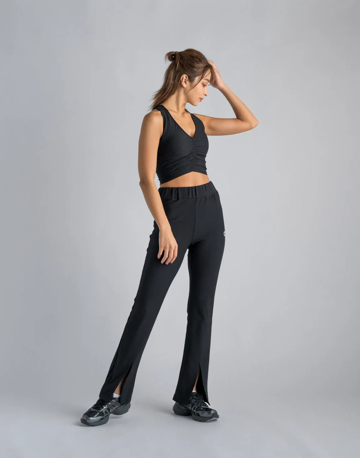 CRONOS WOMEN RIB HIGH RISE SLIT PANTS【BLACK】