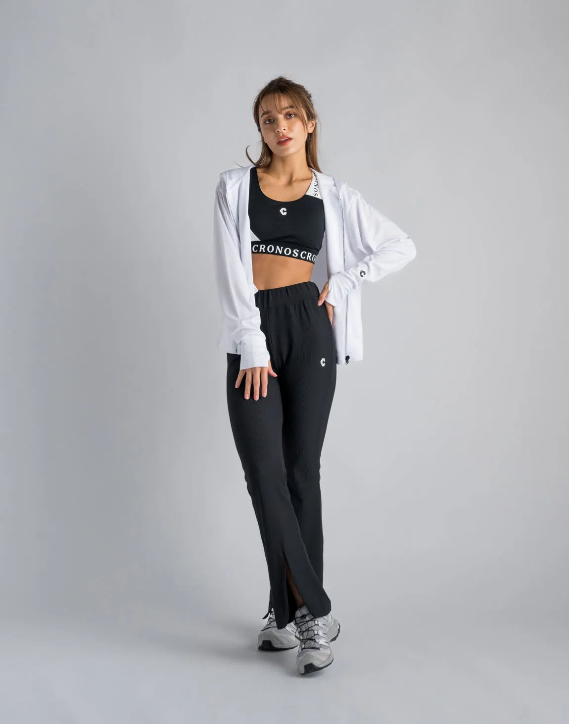 CRONOS WOMEN RIB HIGH RISE SLIT PANTS【BLACK】