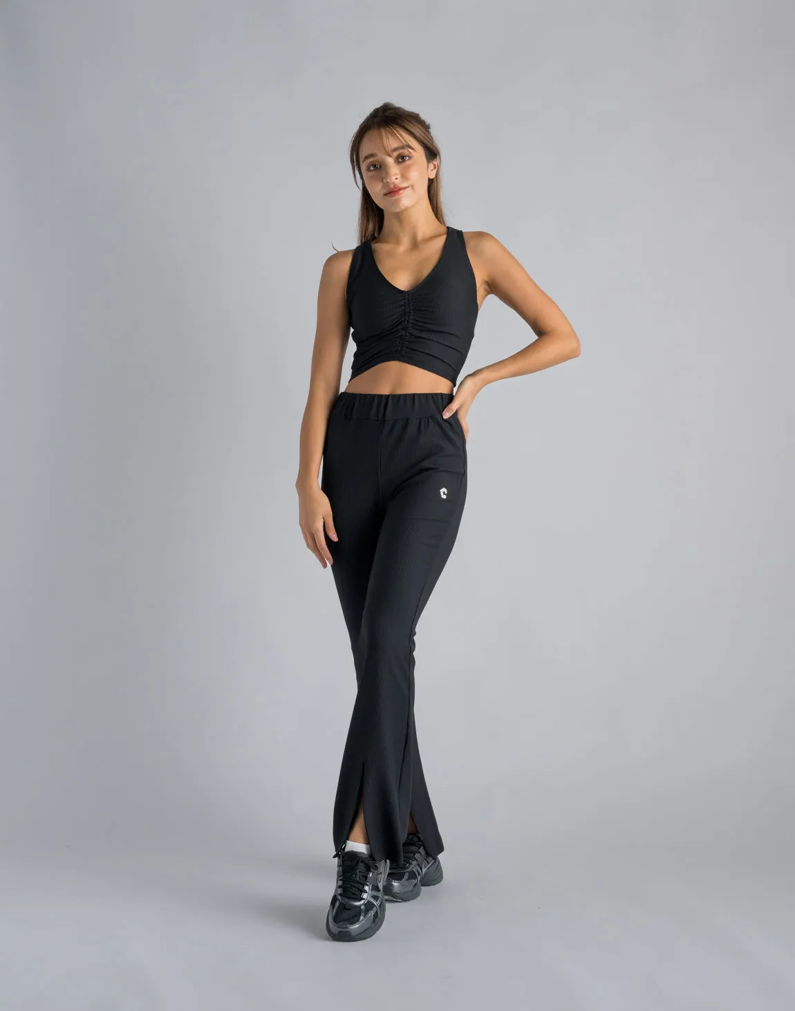 CRONOS WOMEN RIB HIGH RISE SLIT PANTS【BLACK】