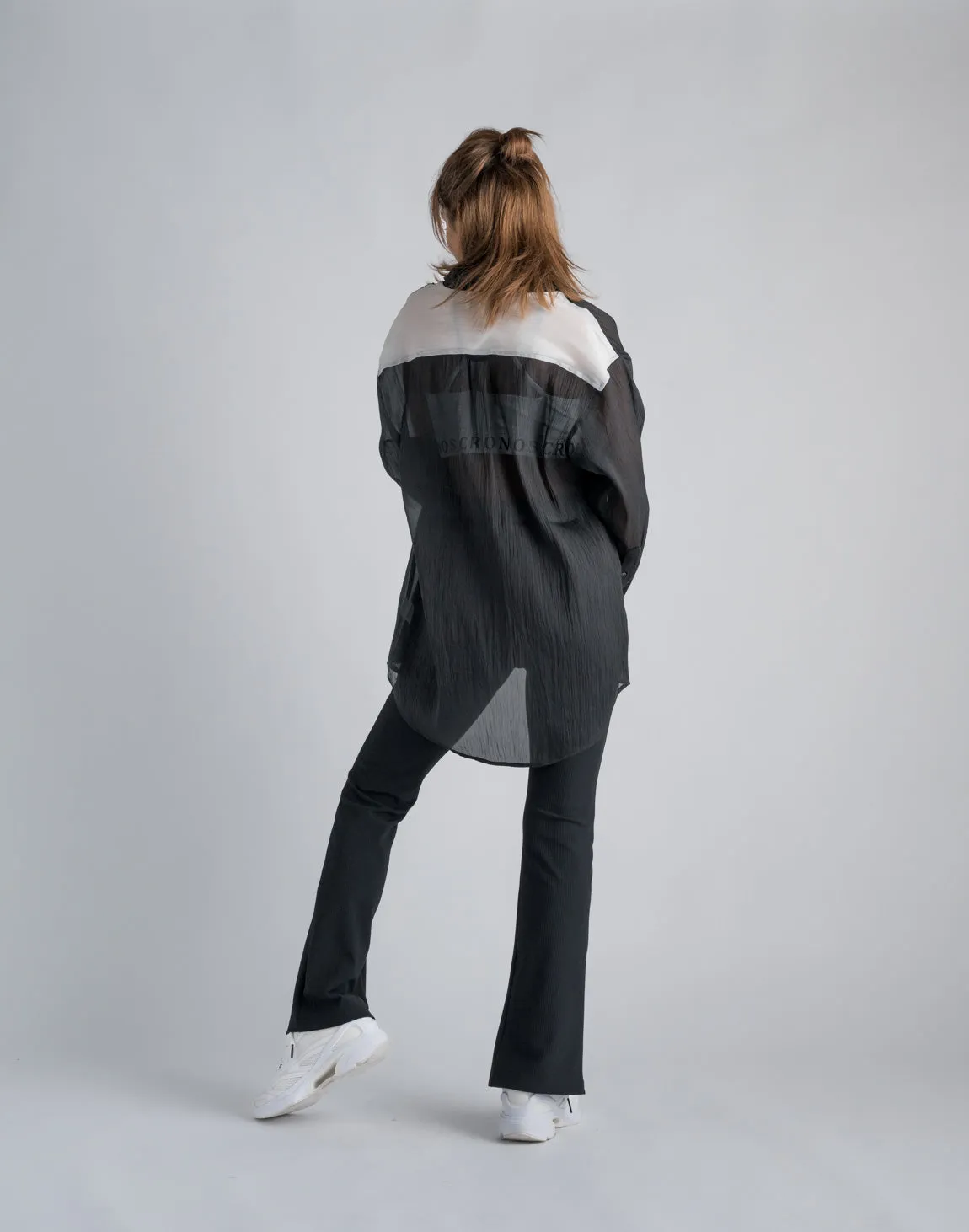 CRONOS WOMEN RIB HIGH RISE SLIT PANTS【BLACK】
