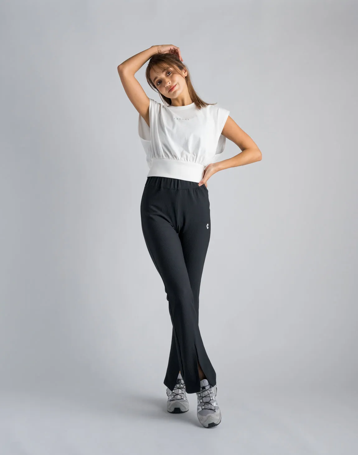 CRONOS WOMEN RIB HIGH RISE SLIT PANTS【BLACK】