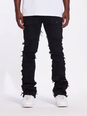 Crysp Denim Fray Cargo Flare Denim (Jet Black)