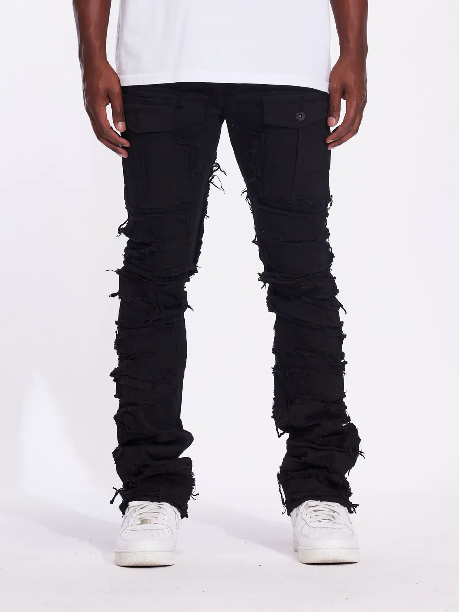 Crysp Denim Fray Cargo Flare Denim (Jet Black)