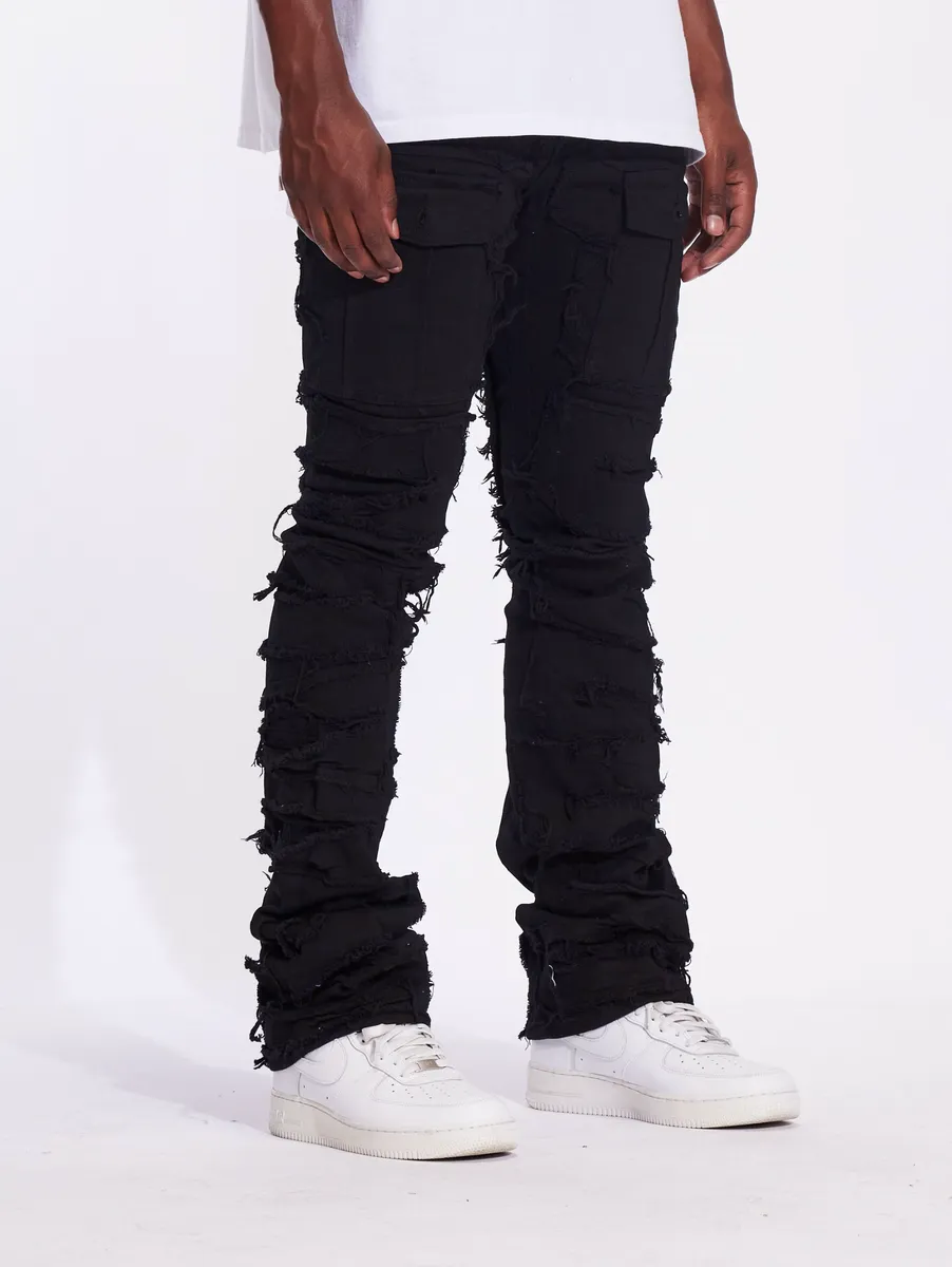 Crysp Denim Fray Cargo Flare Denim (Jet Black)