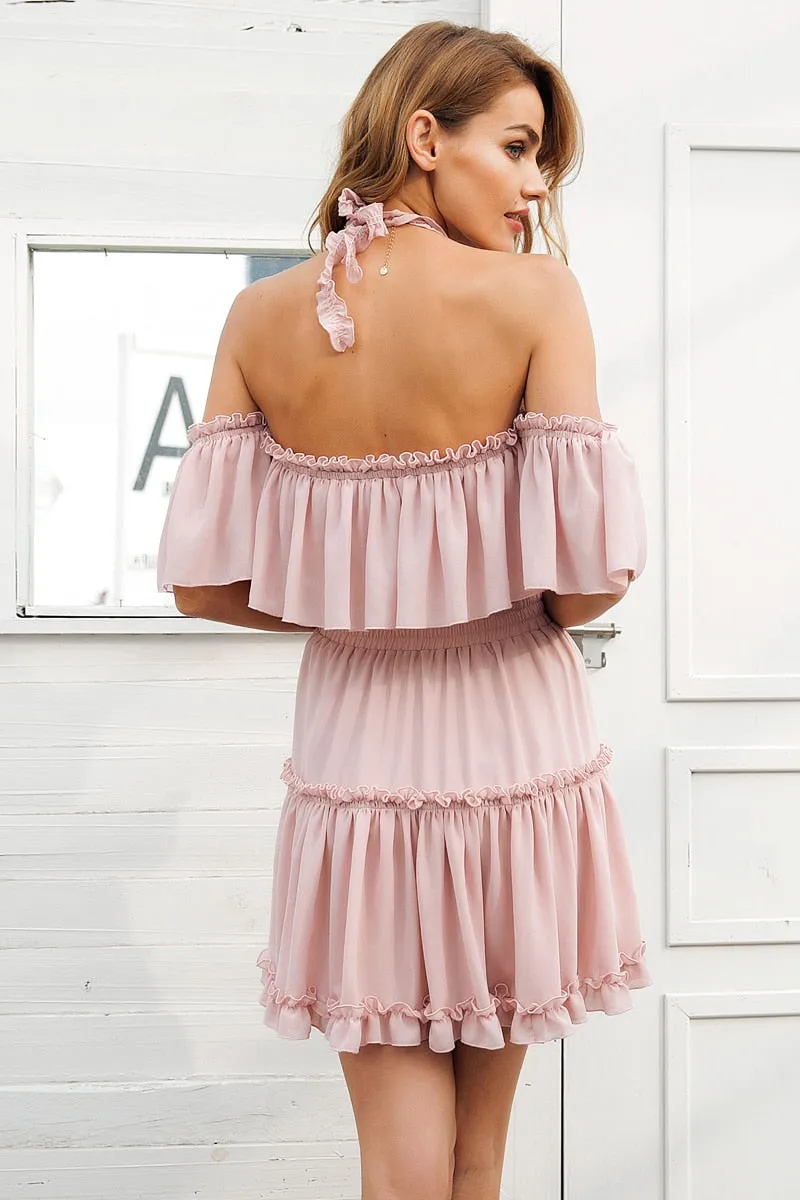 De Rosevella Halter Tie Mini Dress - Nude Pink