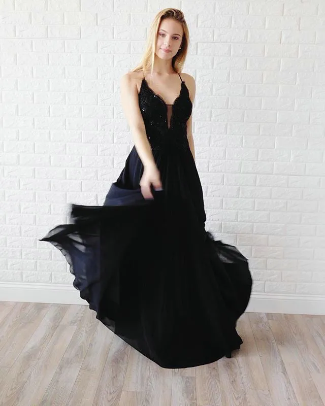 Elegant Black Prom Dresses Sheer Lace Appliques Chiffon A-line Long Prom Gowns 2019
