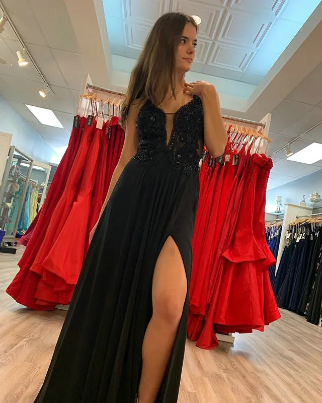 Elegant Black Prom Dresses Sheer Lace Appliques Chiffon A-line Long Prom Gowns 2019