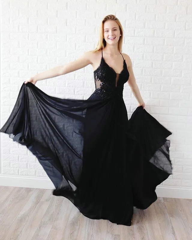 Elegant Black Prom Dresses Sheer Lace Appliques Chiffon A-line Long Prom Gowns 2019