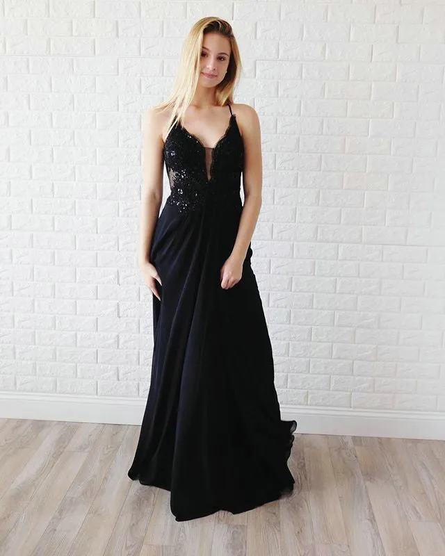 Elegant Black Prom Dresses Sheer Lace Appliques Chiffon A-line Long Prom Gowns 2019