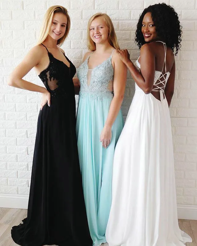 Elegant Black Prom Dresses Sheer Lace Appliques Chiffon A-line Long Prom Gowns 2019