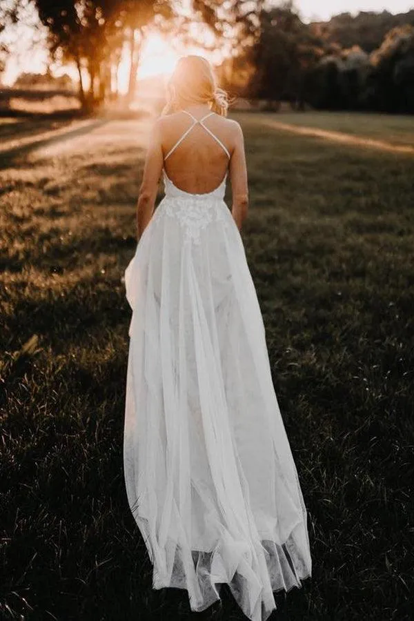 Elegant Long Tulle Halter Neckline Backless A-line Wedding Dresses TN289