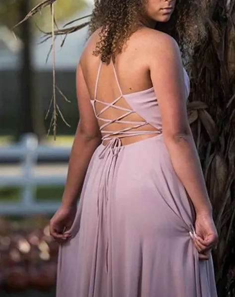 Fashion Dark Green Chiffon Prom Dresses Split Sexy V-Neck Long Prom Gowns Criss Cross Back