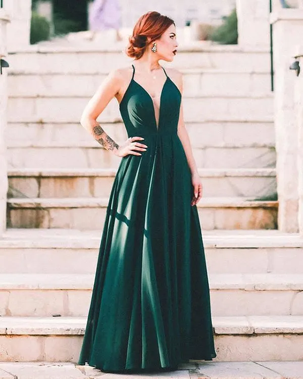 Fashion Dark Green Chiffon Prom Dresses Split Sexy V-Neck Long Prom Gowns Criss Cross Back