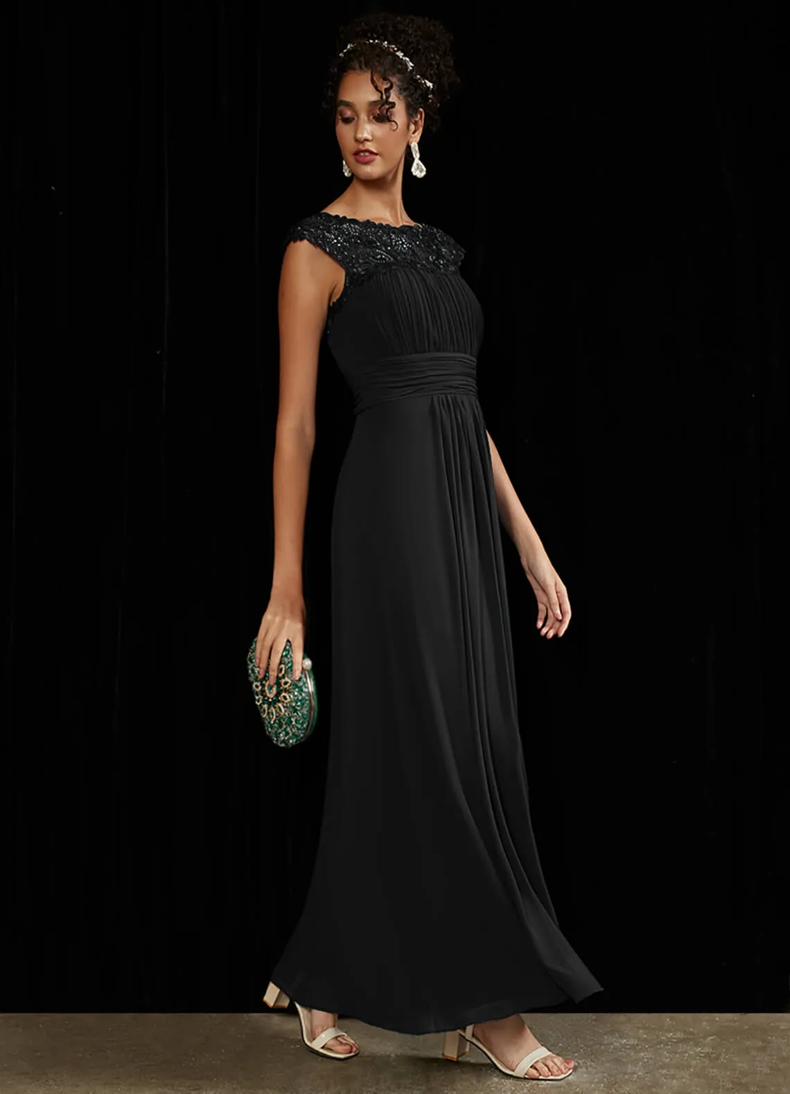 [Final Sale] Black Lace Open Back Floor Length Silky Chiffon Formal Evening Mother Dress