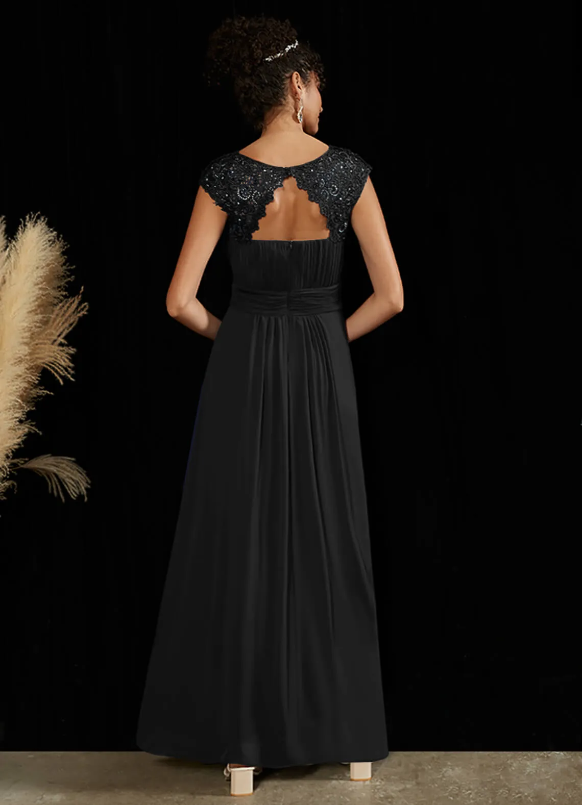 [Final Sale] Black Lace Open Back Floor Length Silky Chiffon Formal Evening Mother Dress