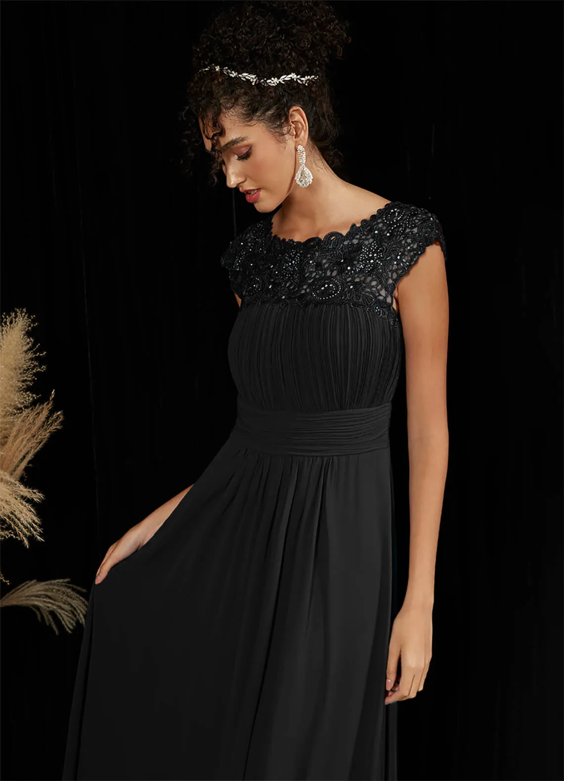 [Final Sale] Black Lace Open Back Floor Length Silky Chiffon Formal Evening Mother Dress