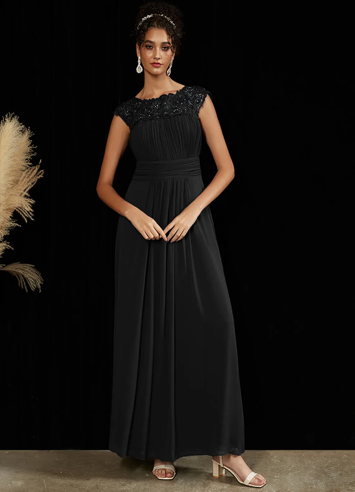 [Final Sale] Black Lace Open Back Floor Length Silky Chiffon Formal Evening Mother Dress