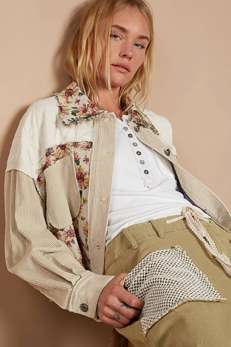 Floral Corduroy Quilted Button Down Jacket